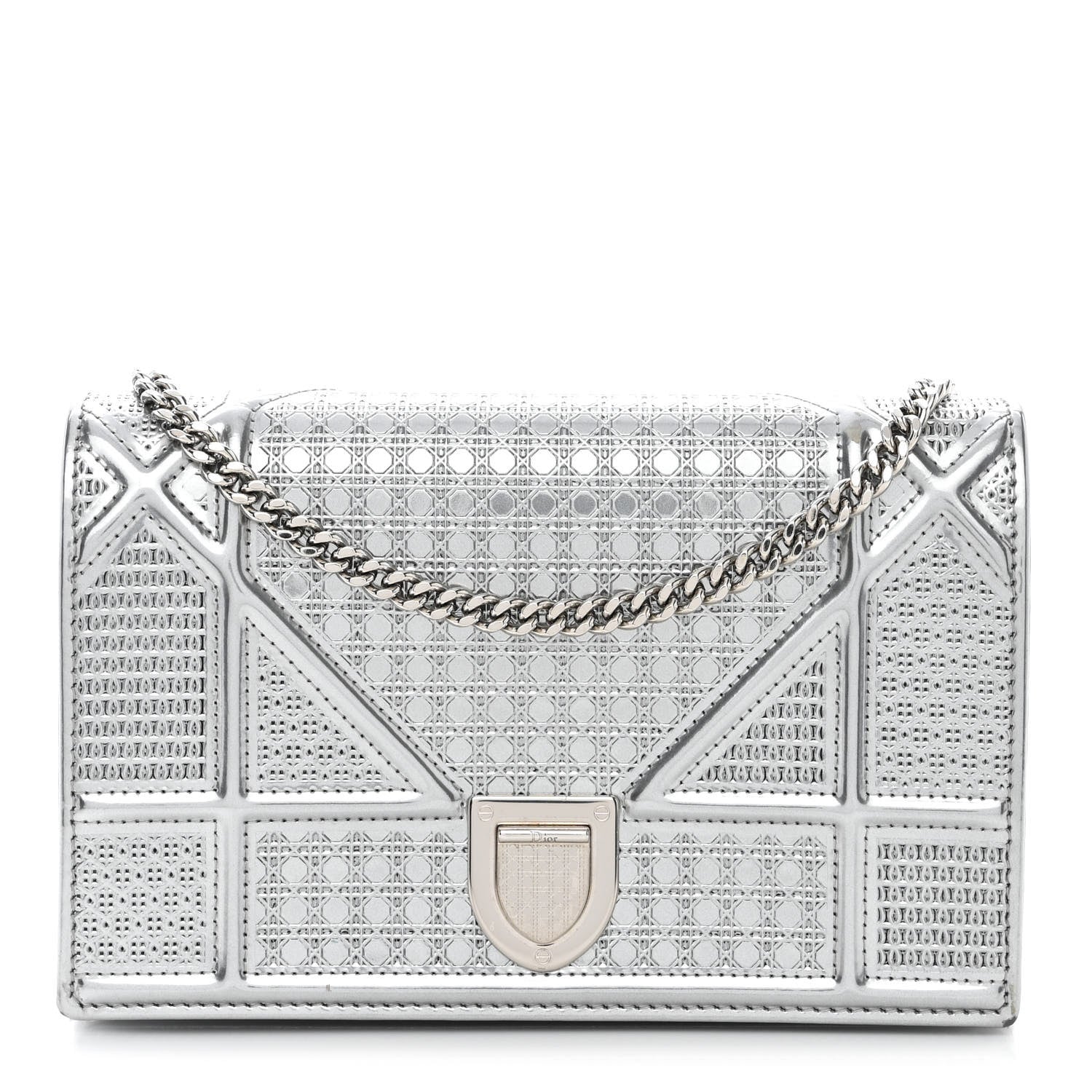 Christian Dior Metallic Patent Micro-Cannage Diorama Wallet on Chain Pouch Silver 1 of 13