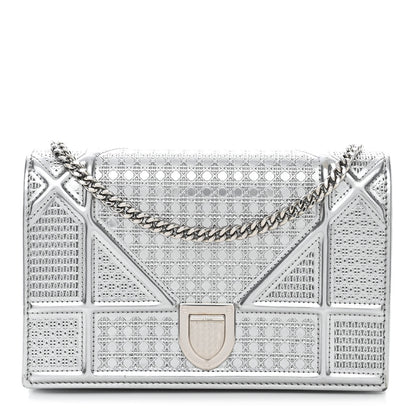 Christian Dior Metallic Patent Micro-Cannage Diorama Wallet on Chain Pouch Silver 1 of 13