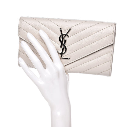 Saint Laurent Grain De Poudre Matelasse Chevron Monogram Flap Wallet Icy White 2 of 10
