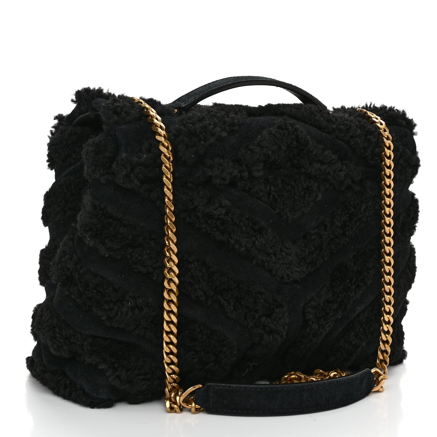 Suede Shearling Y Quilted Monogram Small Loulou Chain Satchel Black
