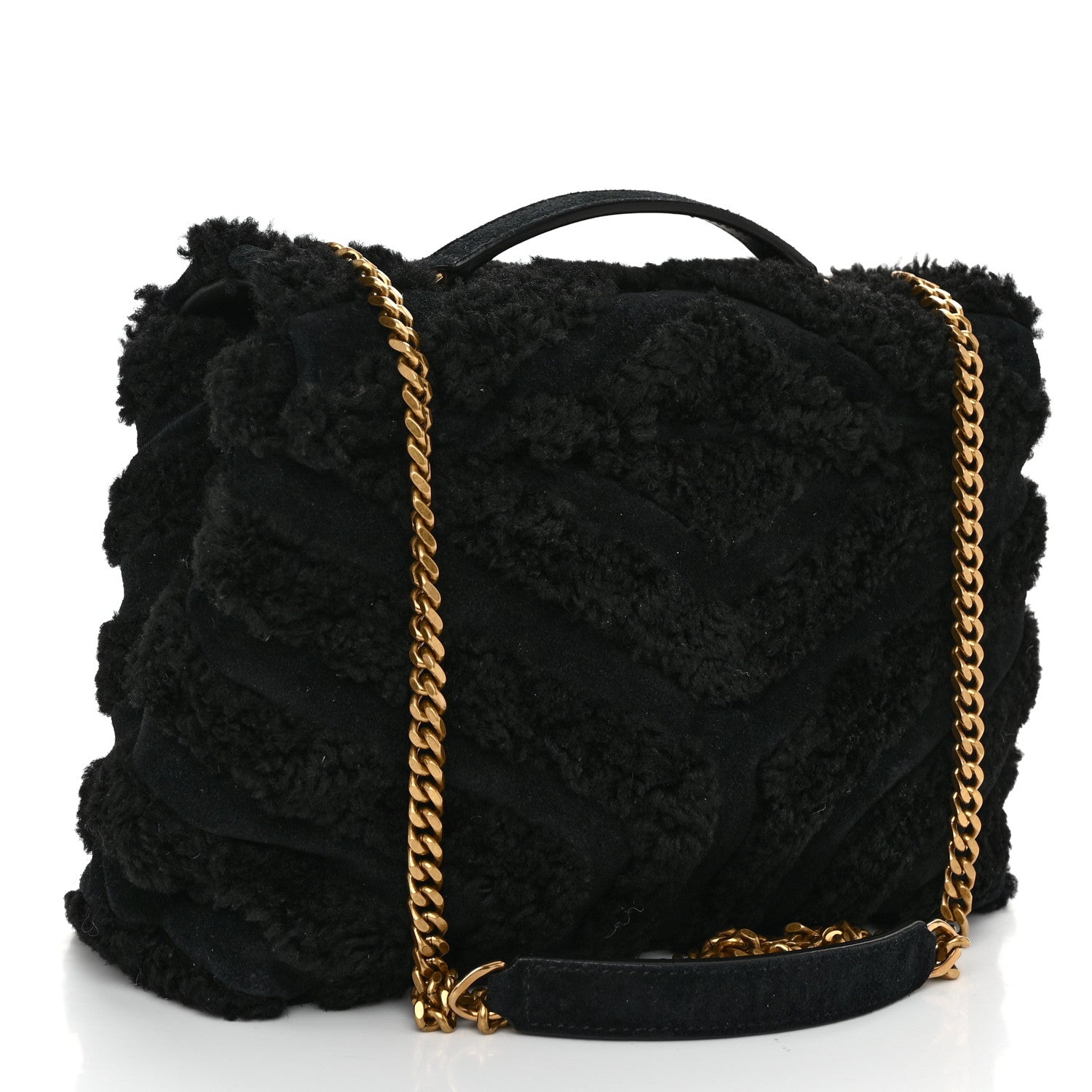Saint Laurent Suede Shearling Y Quilted Monogram Small Loulou Chain Satchel Black 3 of 11
