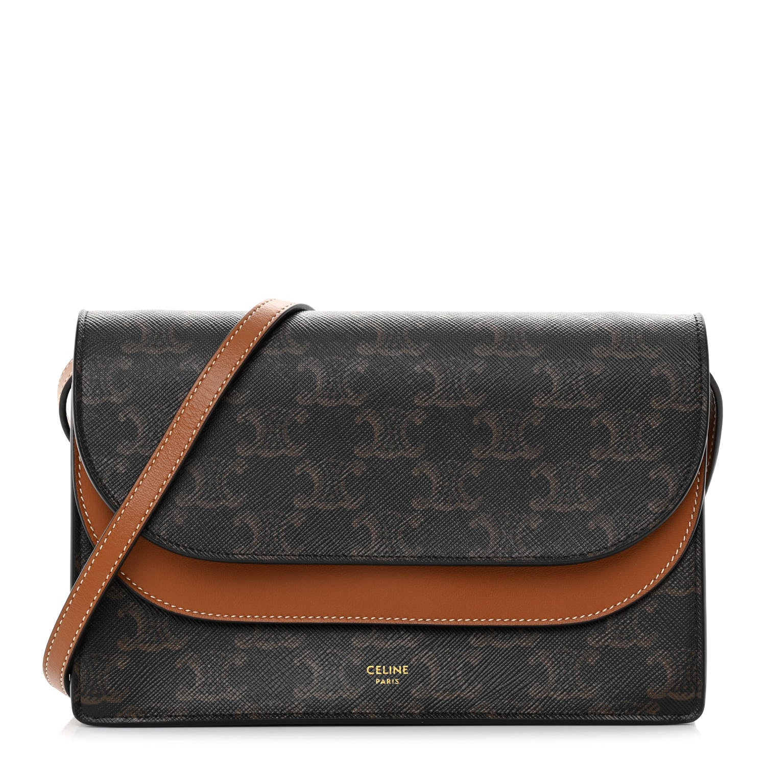 Celine Triomphe Canvas Lambskin Wallet On Strap Tan 1 of 12
