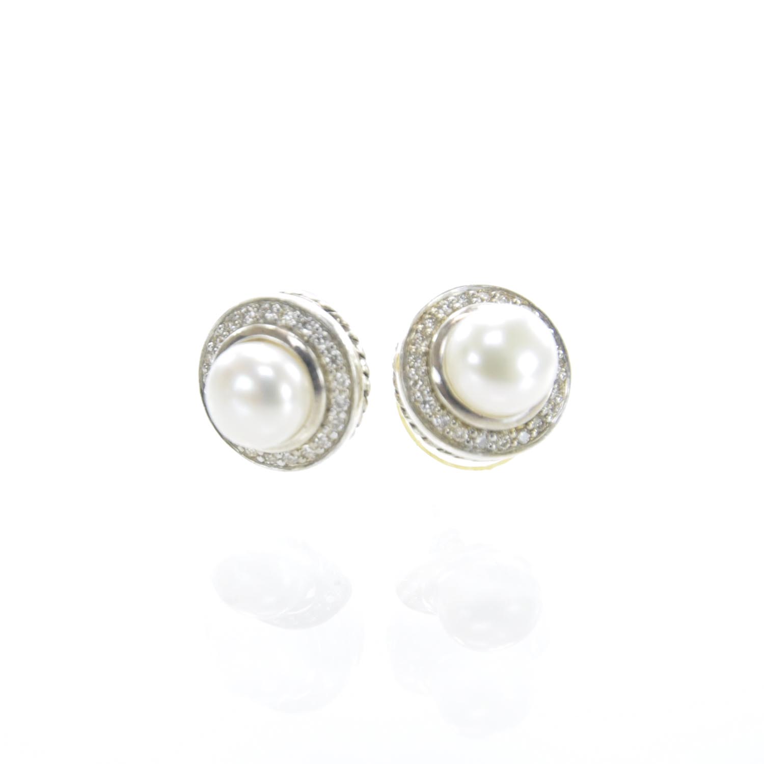 David Yurman Sterling Silver Diamond Pearl Petite Albion Earrings 1 of 5
