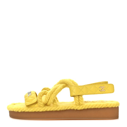 Chanel Cord Lambskin Quilted Logo Sandals 37 Yellow 1 of 8