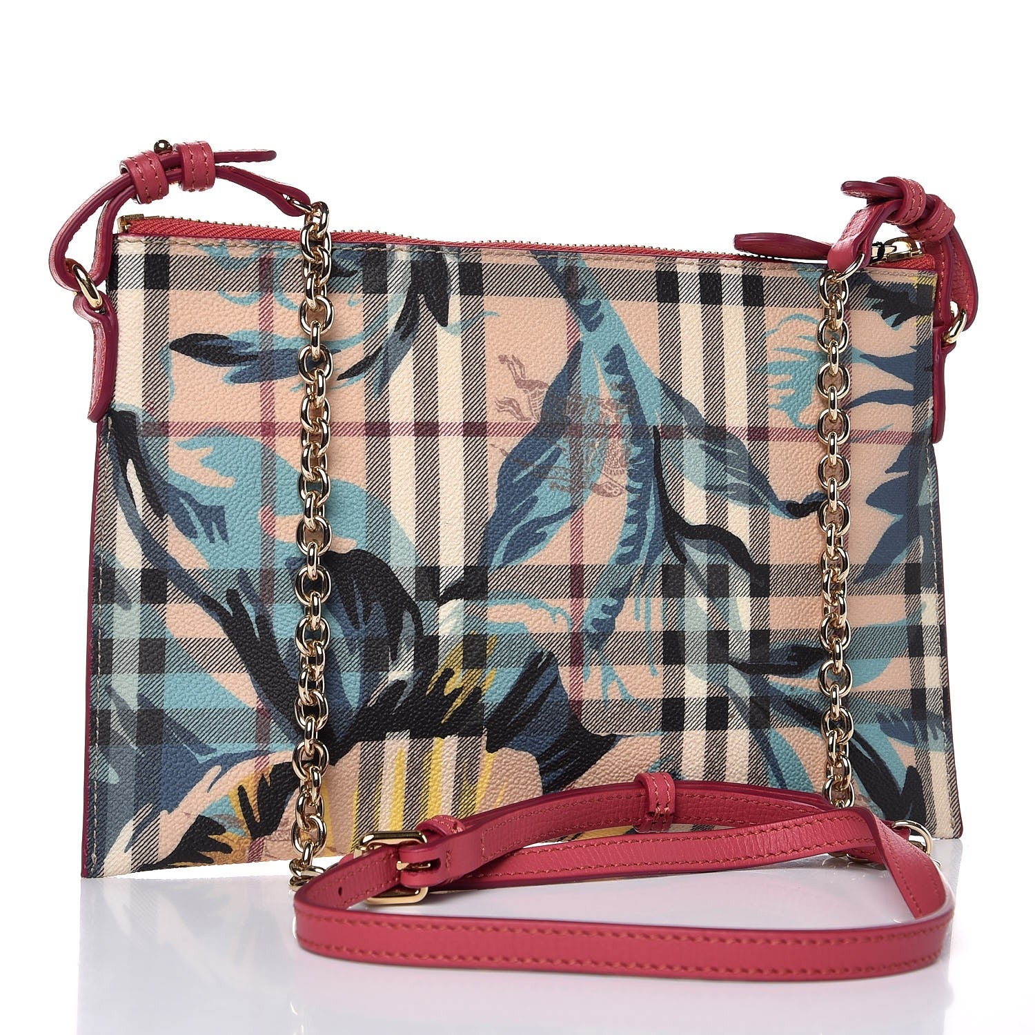 Burberry Haymarket Check Floral Print Peyton Wristlet Plum Pink Pewter Blue 3 of 8