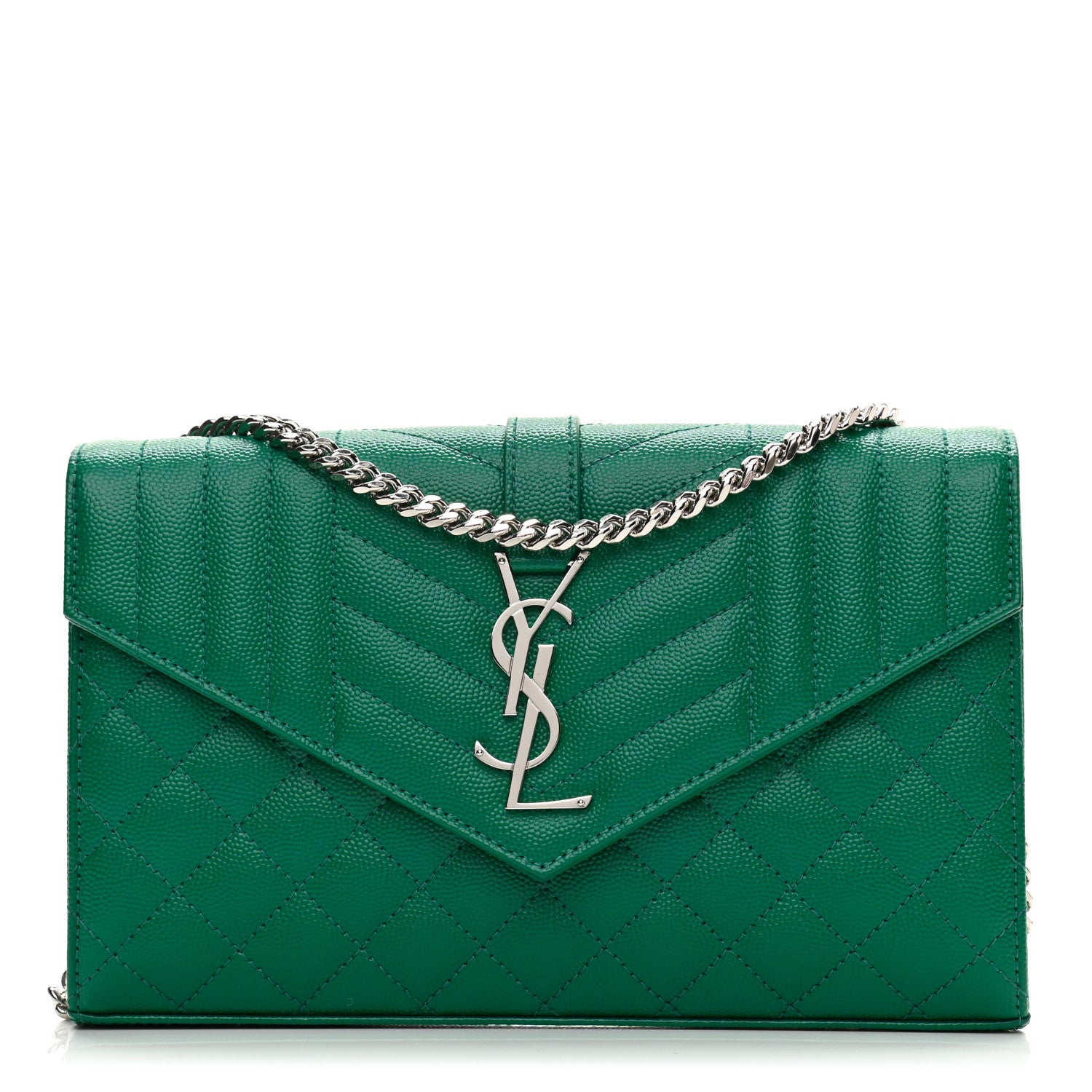 Saint Laurent Grain De Poudre Mixed Matelasse Triquilt Monogram Chain Wallet Green Field 1 of 9