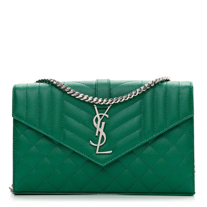 Saint Laurent Grain De Poudre Mixed Matelasse Triquilt Monogram Chain Wallet Green Field 1 of 9