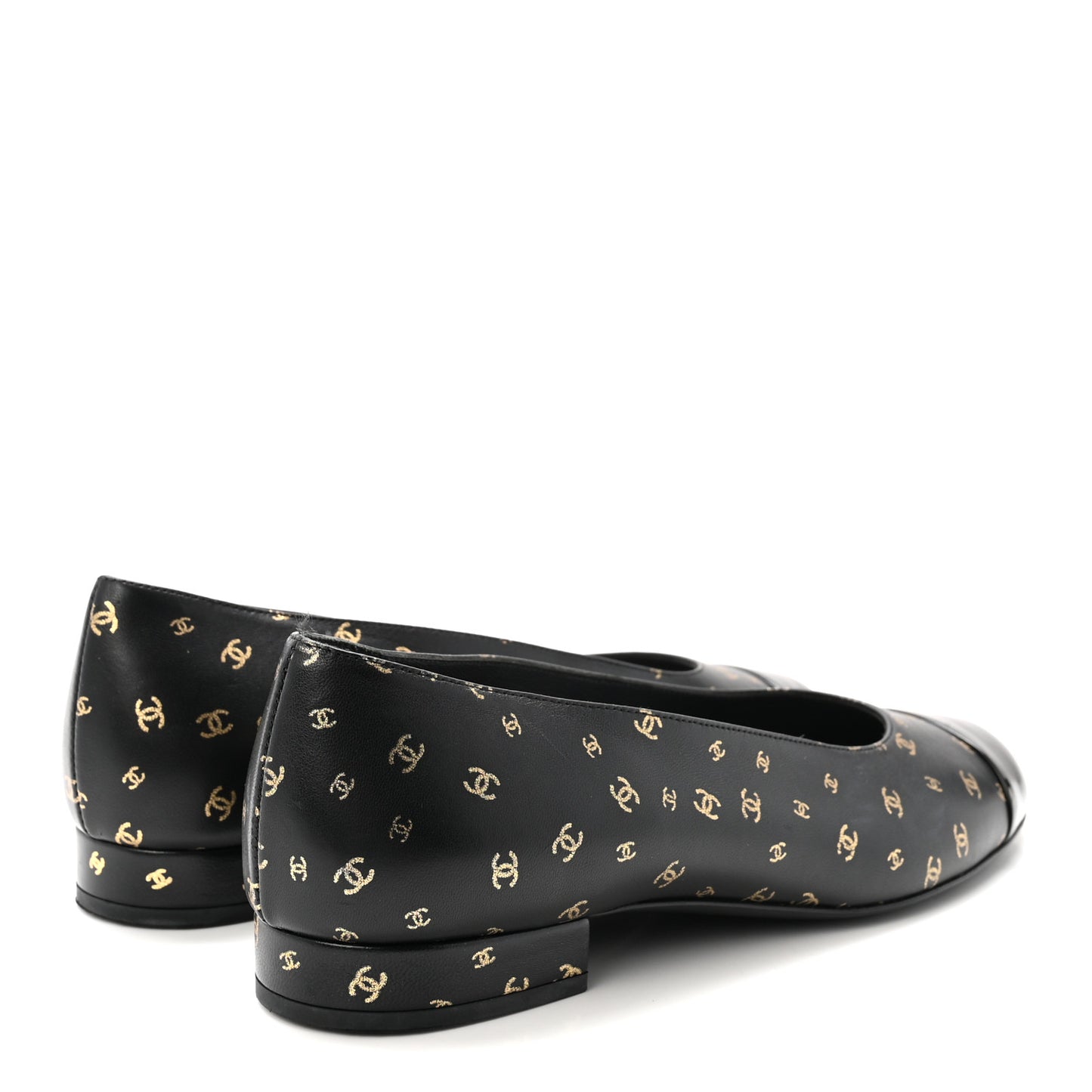 Lambskin Patent Calfskin Printed CC Cap Toe Ballerina Flats 36 Black Gold