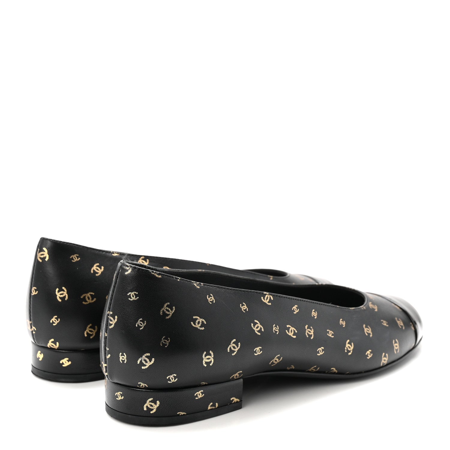 Chanel Lambskin Patent Calfskin Printed CC Cap Toe Ballerina Flats 36 Black Gold 5 of 10