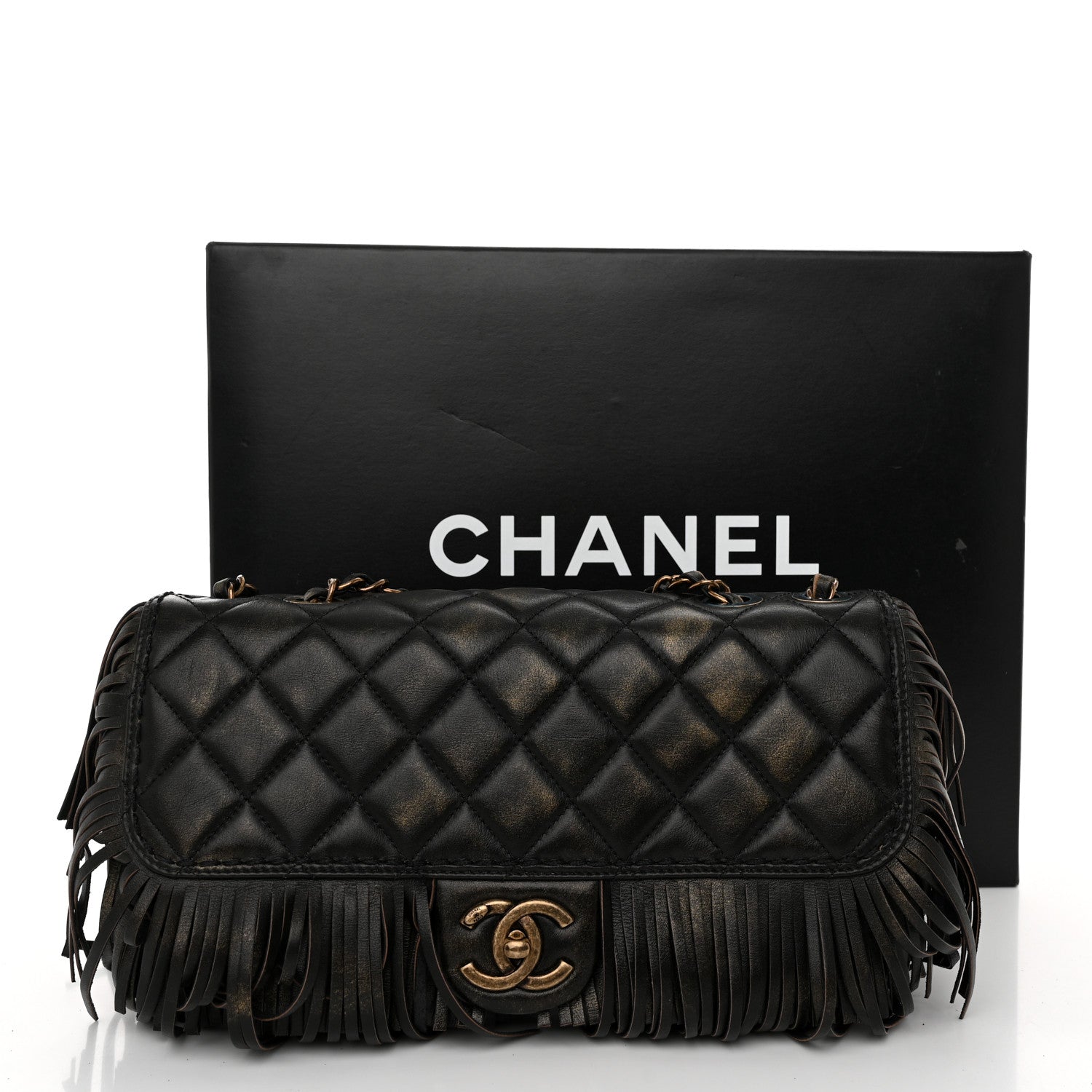 Chanel Metallic Calfskin Quilted Large Into The Fringe Flap Black