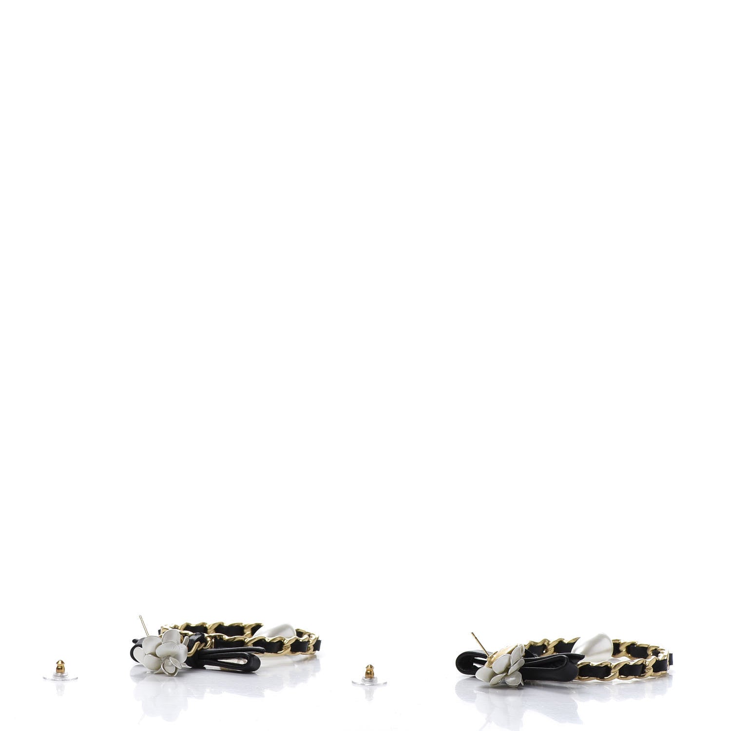 Chanel Calfskin Metal Pearl 90’s Camellia CC Hoop Earrings Gold Black 4 of 5