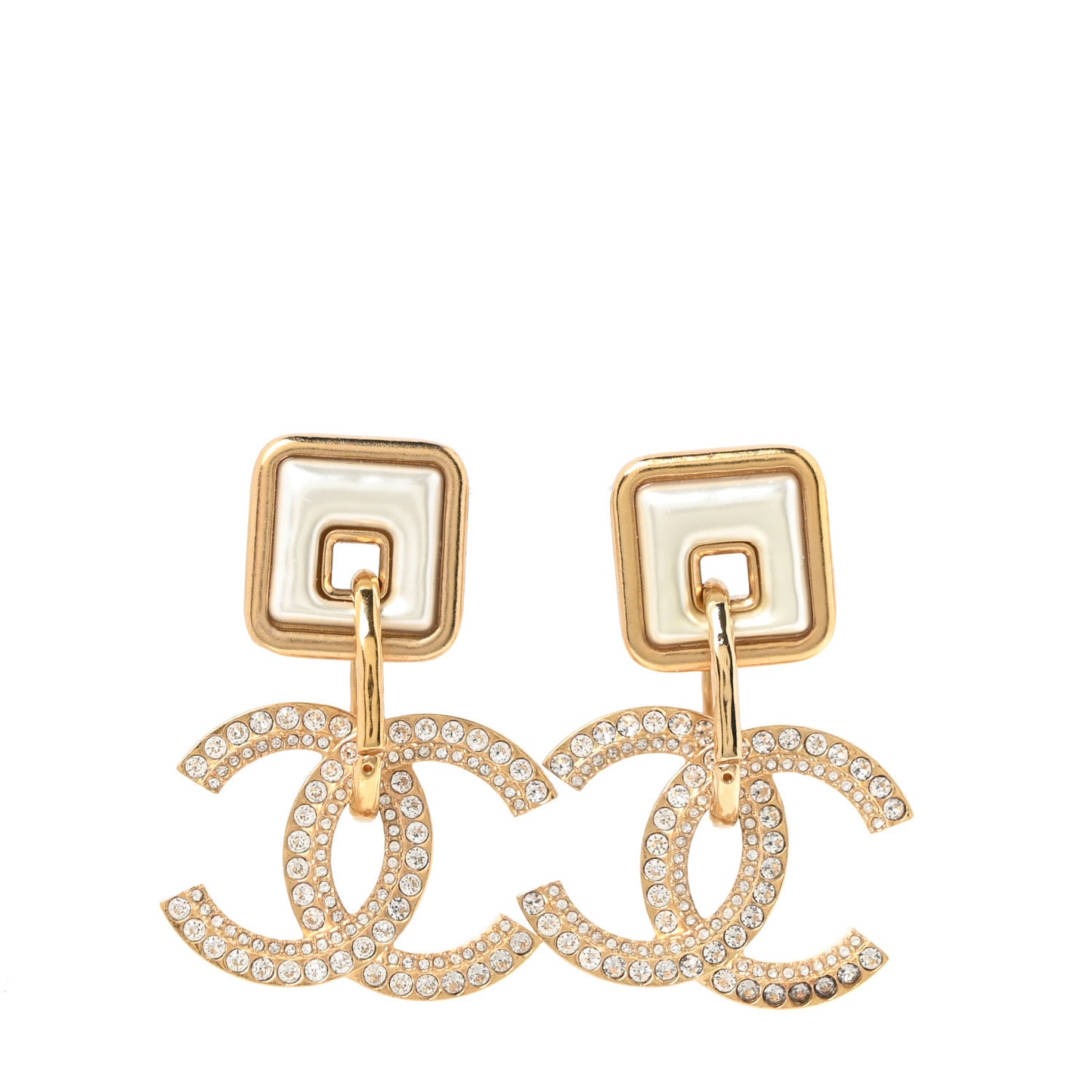 Crystal Pearl CC Square Drop Earrings Gold Pearly White