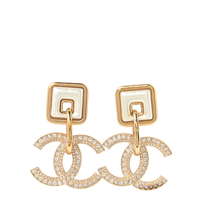 Chanel Crystal Pearl CC Square Drop Earrings Gold Pearly White 1 of 5