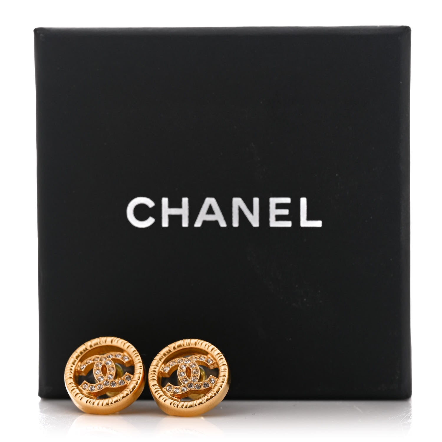 Chanel Metal Crystal Textured CC Round Earrings Gold 5 of 5