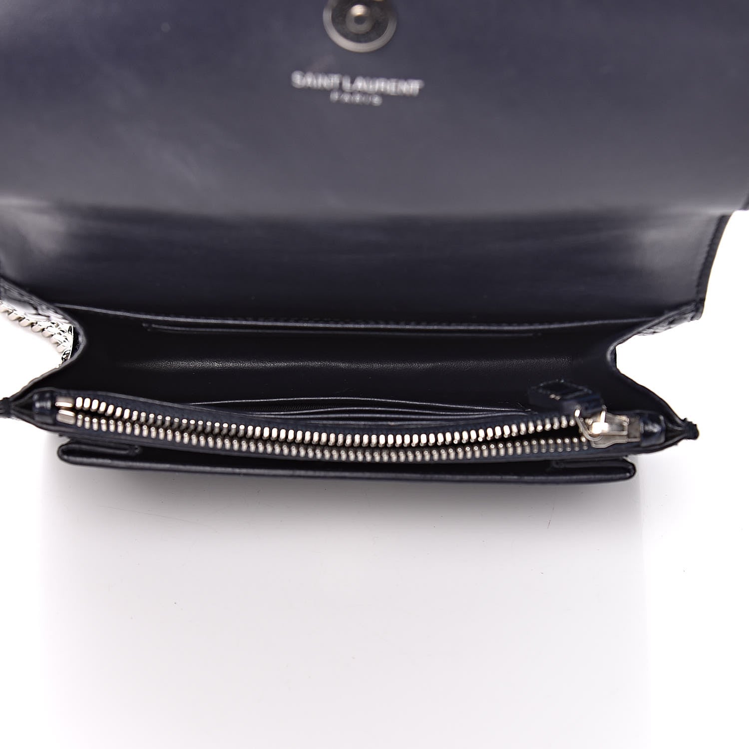 Saint Laurent Calfskin Crocodile Embossed Monogram Sunset Chain Wallet Navy 5 of 13