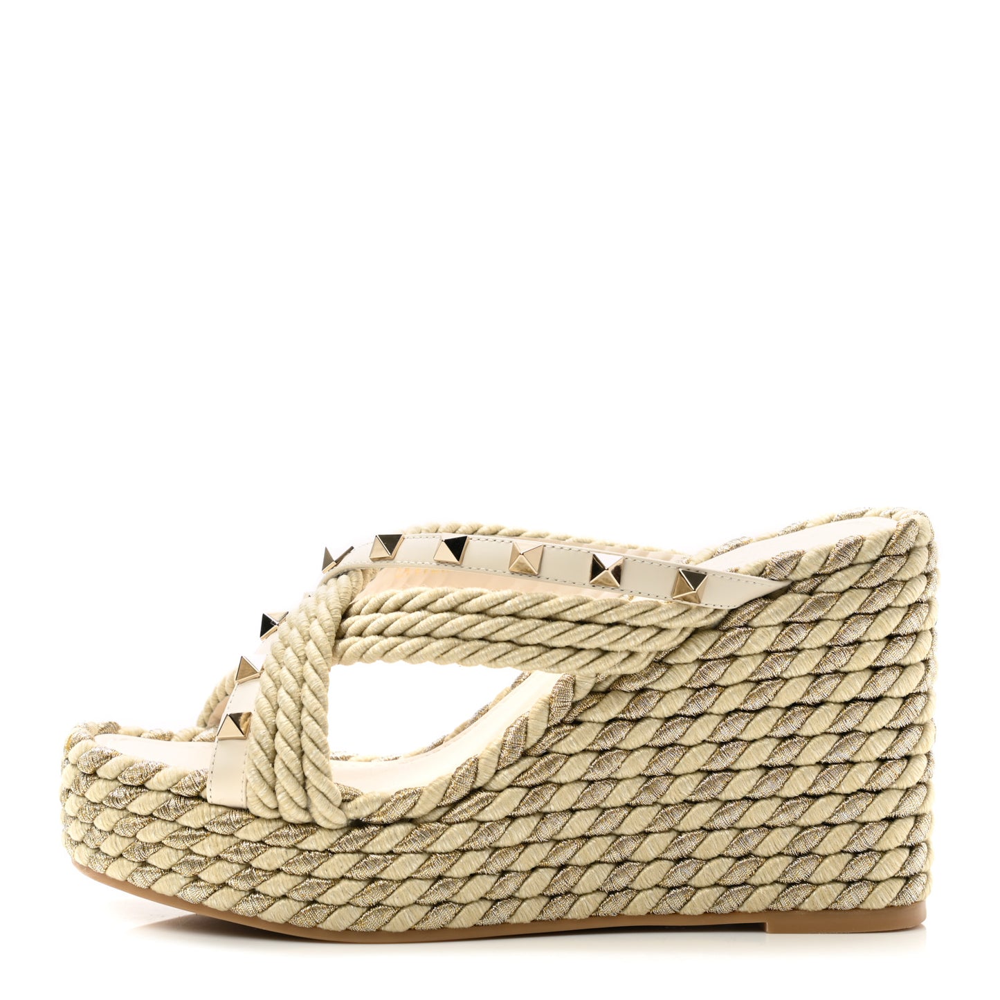 Calfskin Silk Rockstud Torchon Espadrille Wedge 25/95mm Slide Sandals 36 Light Ivory
