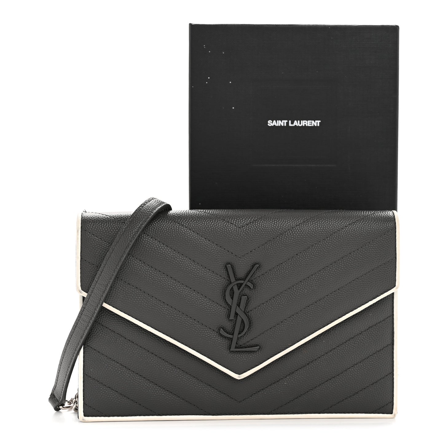 Grain De Poudre Matelasse Chevron Monogram Envelope Chain Wallet Asphalt White