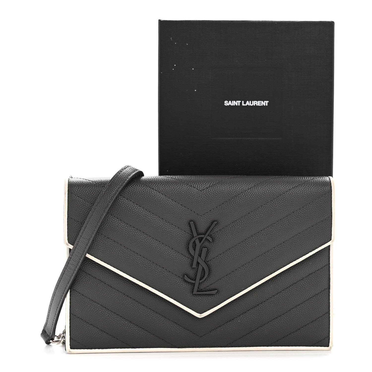 Saint Laurent Grain De Poudre Matelasse Chevron Monogram Envelope Chain Wallet Asphalt White 14 of 14
