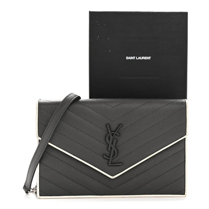 Saint Laurent Grain De Poudre Matelasse Chevron Monogram Envelope Chain Wallet Asphalt White 14 of 14