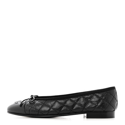 Chanel Aged Calfskin Quilted CC Cap Toe Ballerina Flats 37 Black 1 of 11