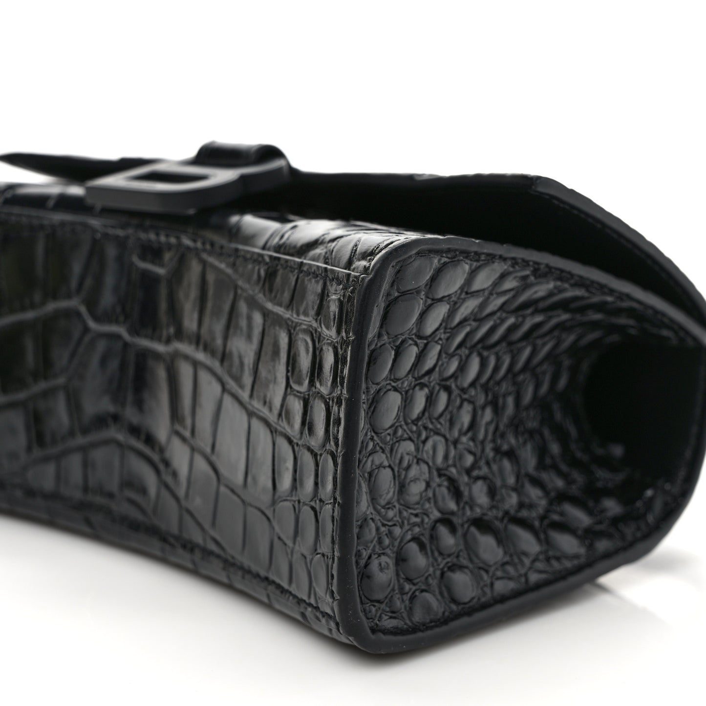 Shiny Calfskin Monochrome Crocodile Embossed Hourglass Top Handle Bag XS Black