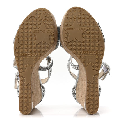 Jimmy Choo Coarse Glitter Cork Portia 120 Wedge Sandals 36.5 Silver 6 of 8