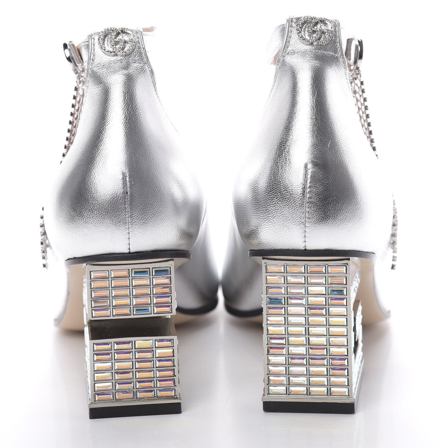 Metallic Nappa Crystal Square G Mid Heel Pumps 38 Silver