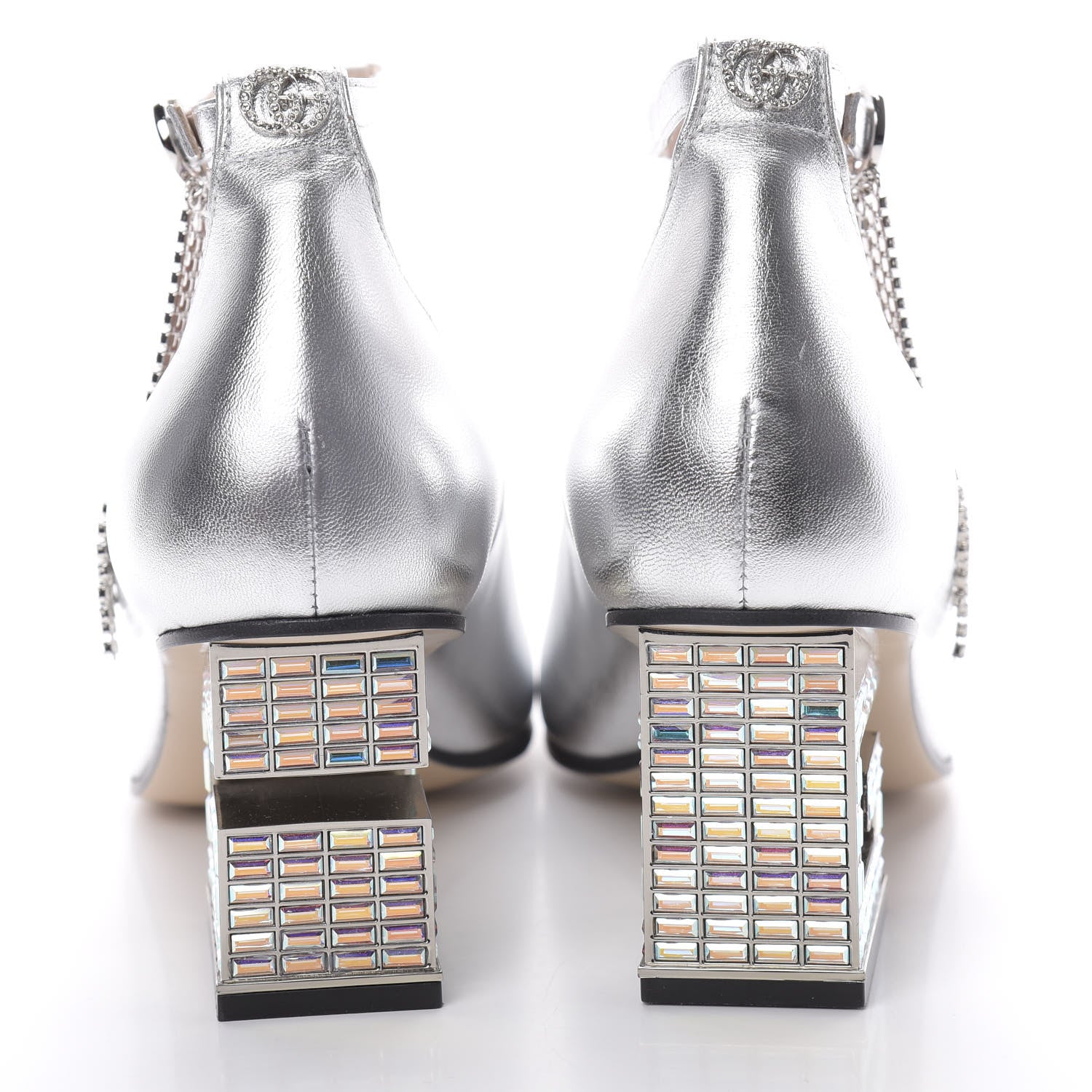 Gucci Metallic Nappa Crystal Square G Mid Heel Pumps 38 Silver 5 of 12