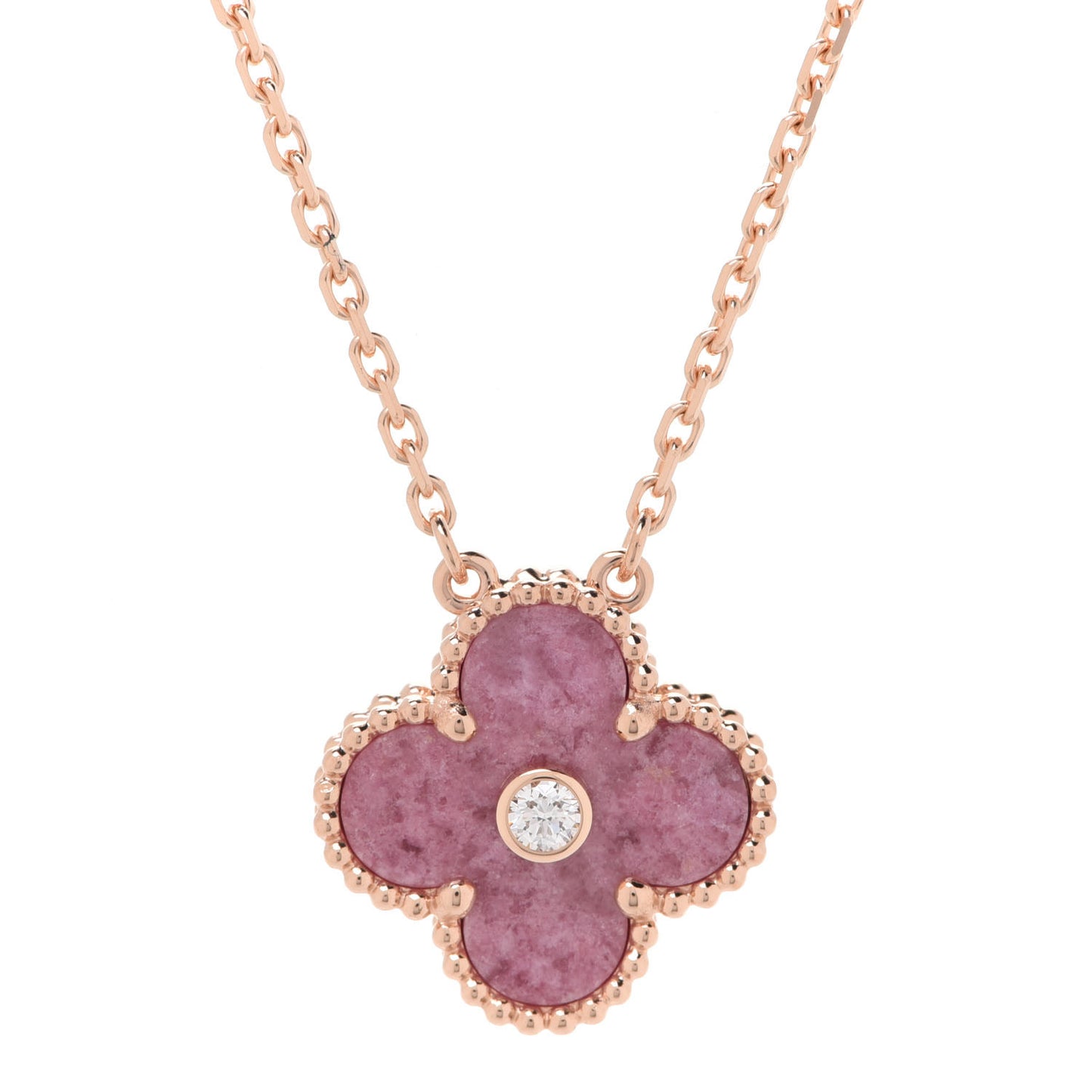 18K Rose Gold Diamond Rhodonite Vintage Alhambra Pendant Necklace