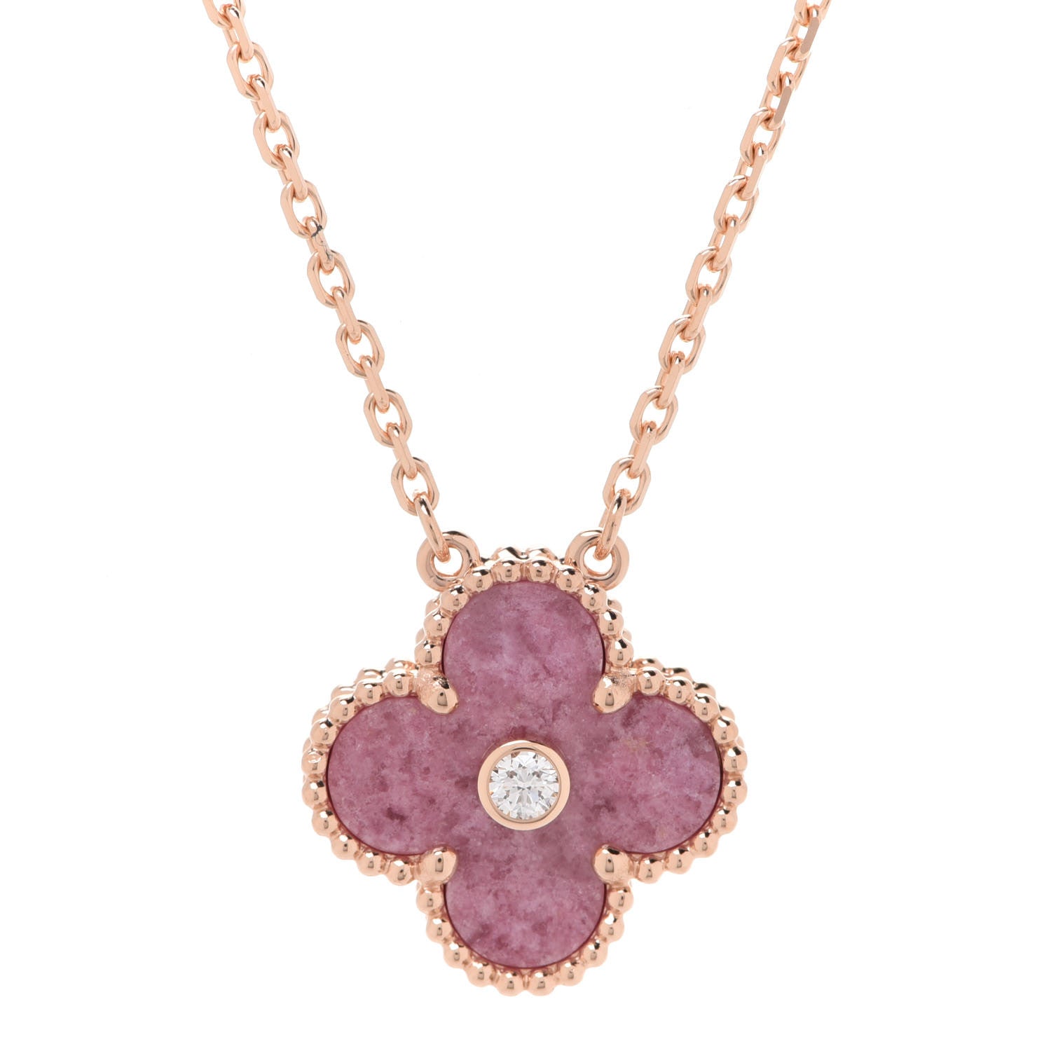 Van Cleef & Arpels 18K Rose Gold Diamond Rhodonite Vintage Alhambra Pendant Necklace 4 of 8