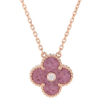 Van Cleef & Arpels 18K Rose Gold Diamond Rhodonite Vintage Alhambra Pendant Necklace 4 of 8