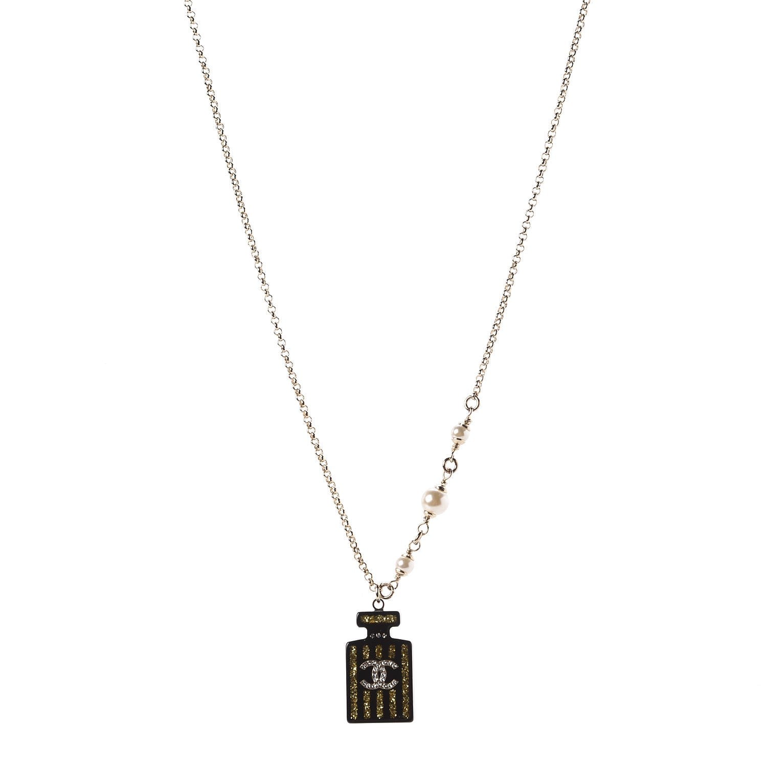 Chanel Resin Strass Perfume Bottle CC Necklace Black Gold 1 of 7