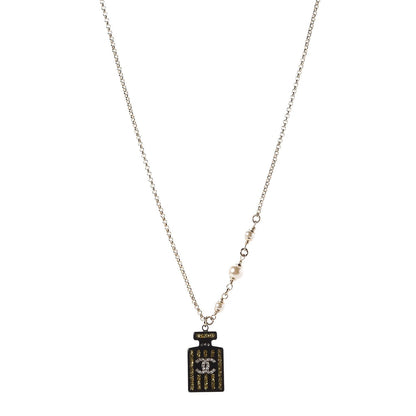 Chanel Resin Strass Perfume Bottle CC Necklace Black Gold 1 of 7