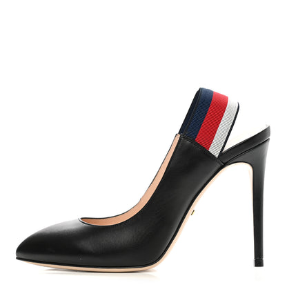 Gucci Malaga Kid Web Sylvie High Heel Slingback Pumps 38 Black 1 of 10