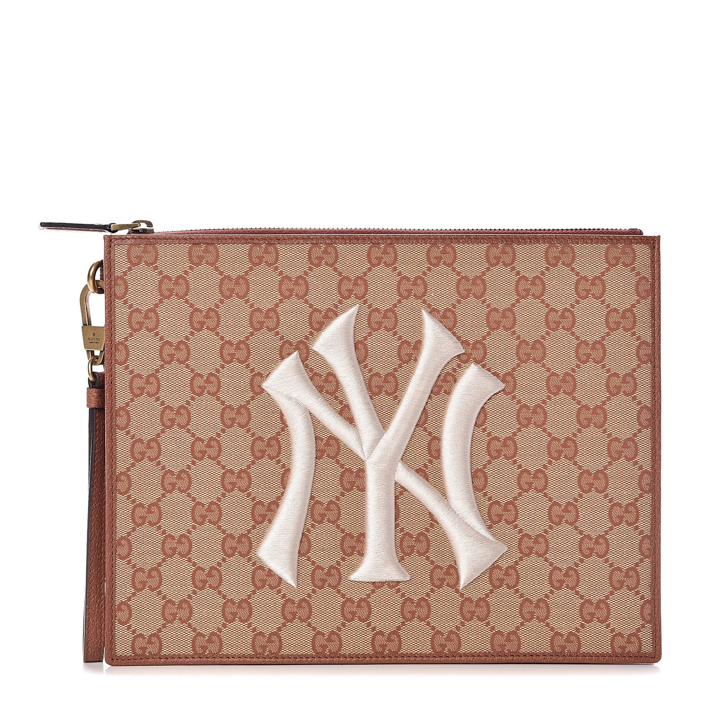 X MLB GG Monogram NY Yankees Zip Wristlet Pouch Beige Ruggine Ivory