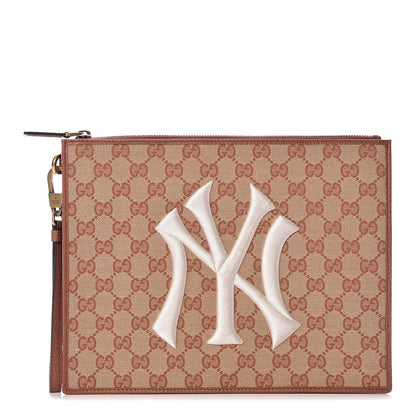 Gucci X MLB GG Monogram NY Yankees Zip Wristlet Pouch Beige Ruggine Ivory 1 of 9