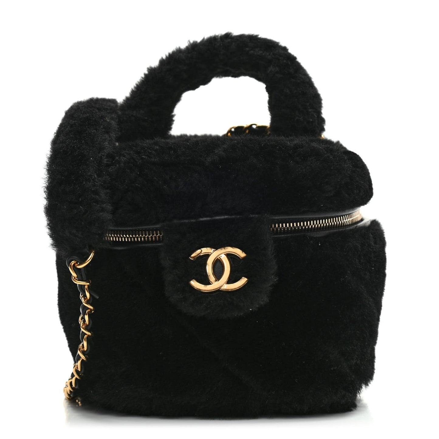 Shearling Lambskin Quilted Small Vanity Case Black
