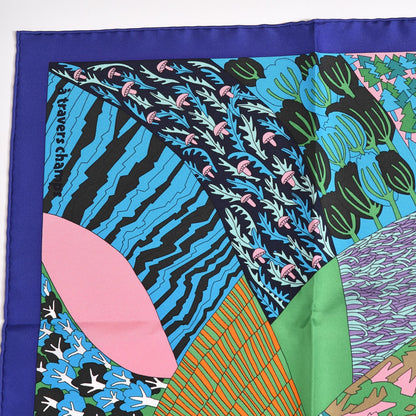 Hermes Silk A Travers Champs Scarf 90 Bleu Vert Rose 5 of 7