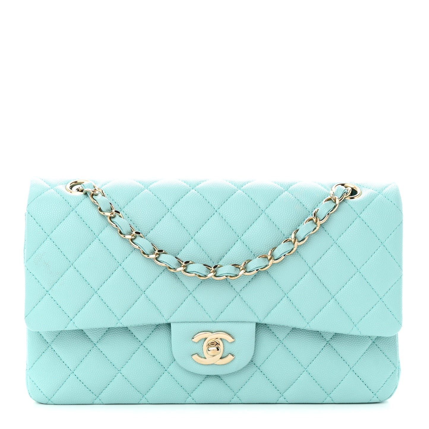 Caviar Quilted Medium Double Flap Light Blue