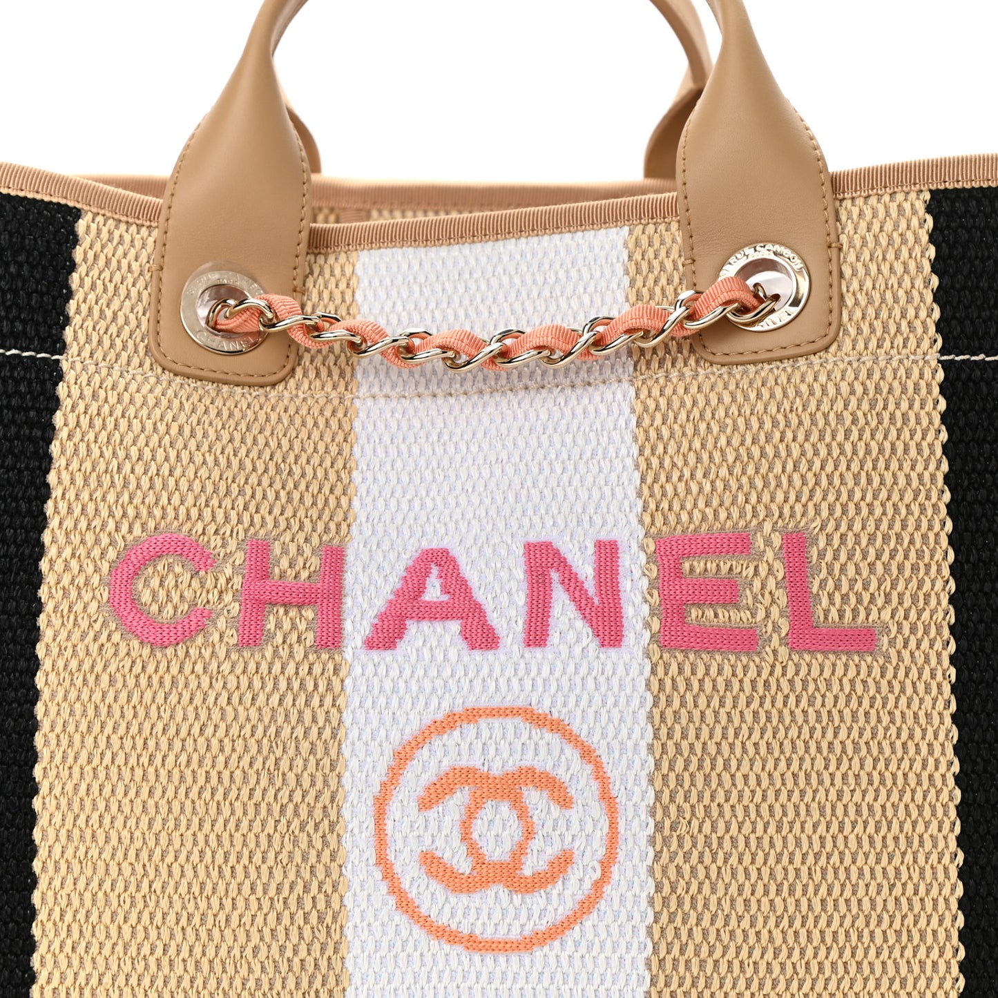 Straw Raffia Calfskin Striped Medium Deauville Tote Black Beige Ivory