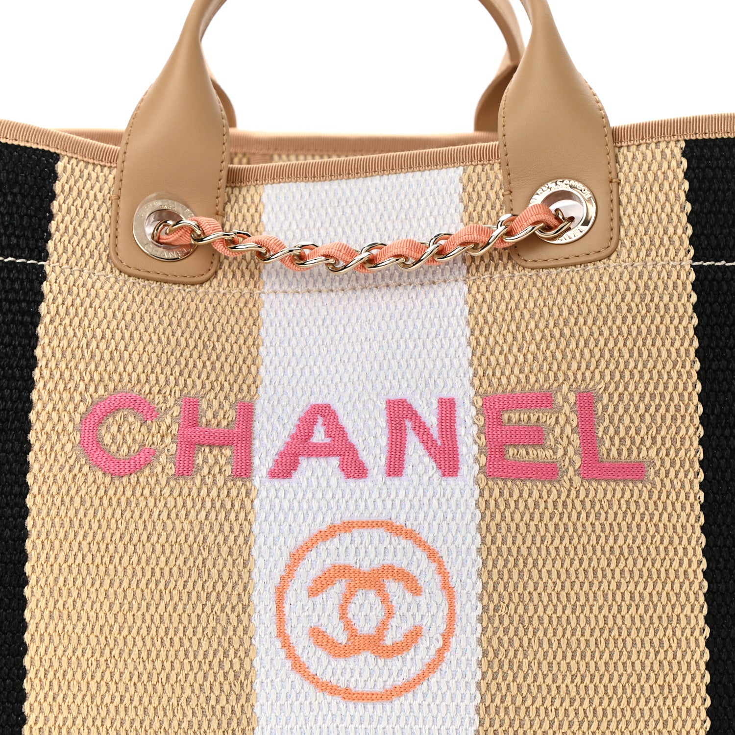 Chanel Straw Raffia Calfskin Striped Medium Deauville Tote Black Beige Ivory 8 of 10