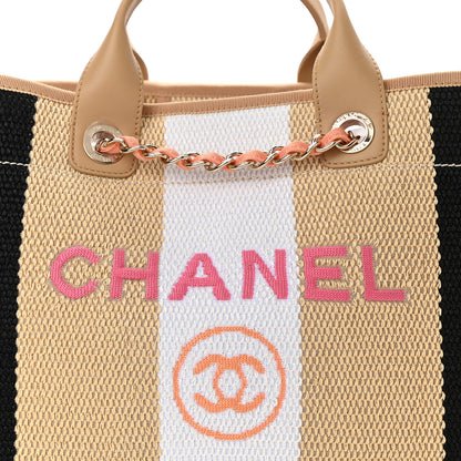 Chanel Straw Raffia Calfskin Striped Medium Deauville Tote Black Beige Ivory 8 of 10