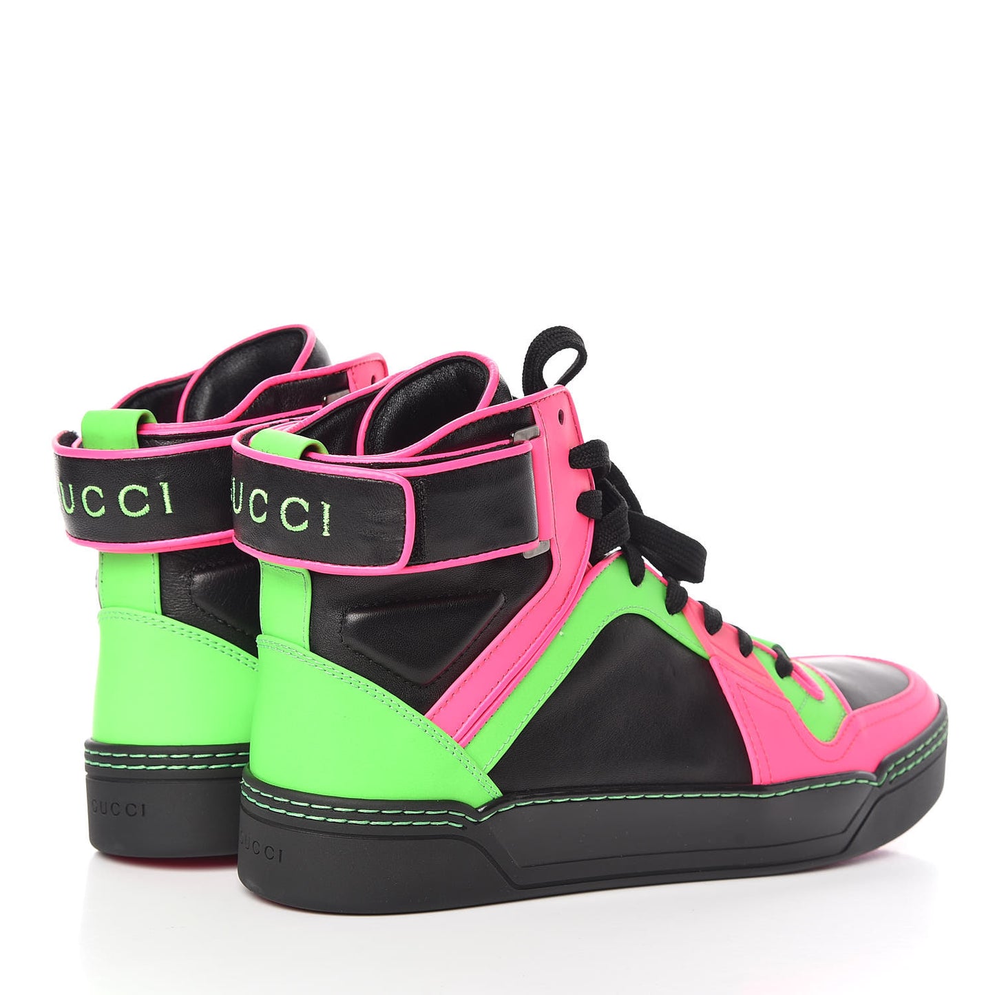 Calfskin Womens High Top Sneakers 40 Black Neon Green Pink