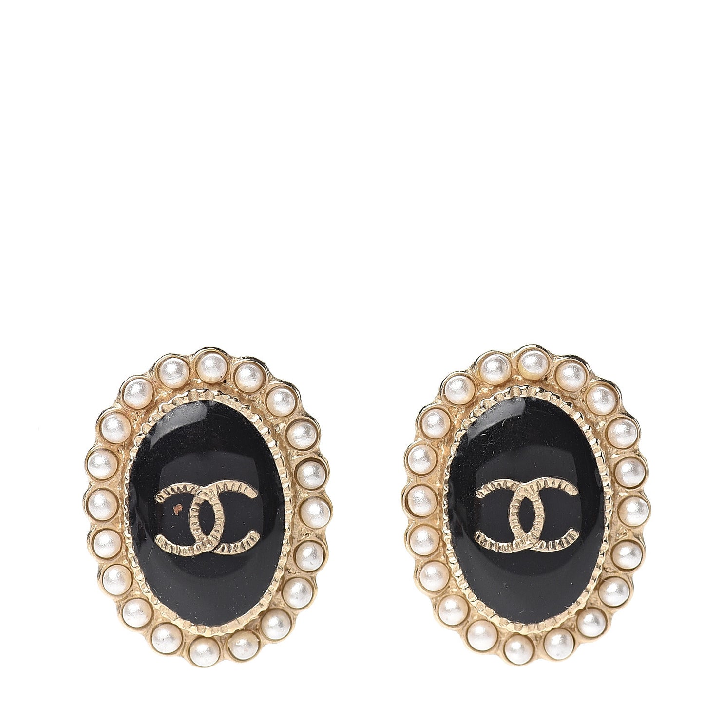 Pearl Enamel CC Oval Earrings Gold Black