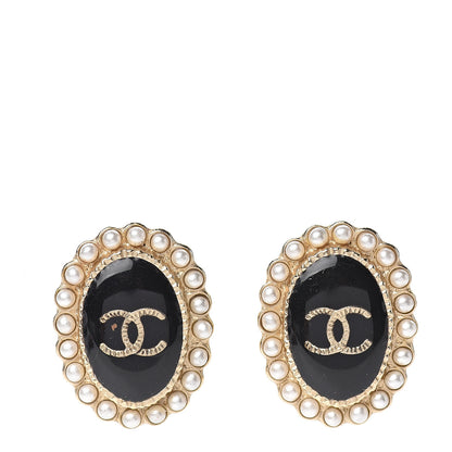 Chanel Pearl Enamel CC Oval Earrings Gold Black 1 of 4