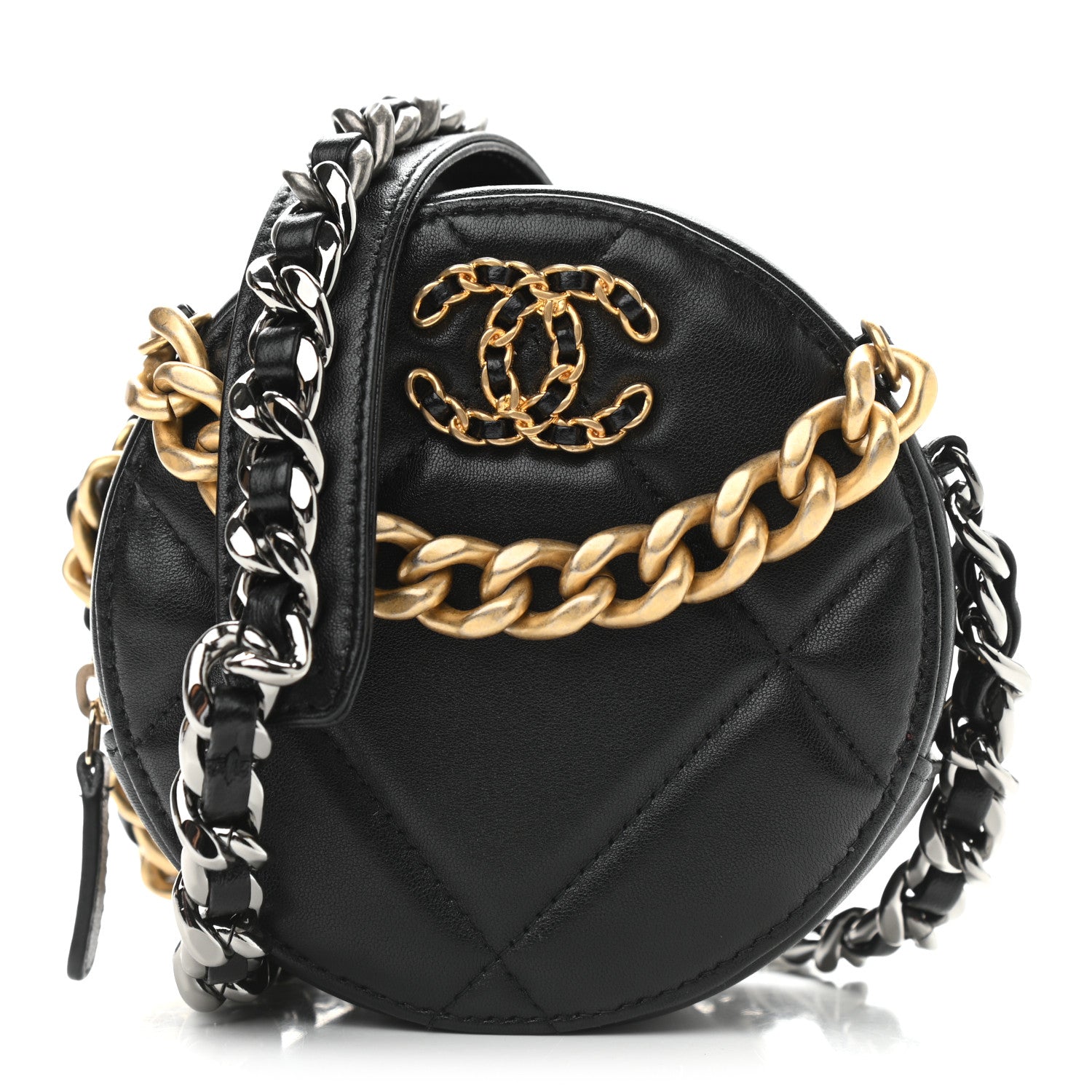 Chanel Lambskin Quilted Chanel 19 Round Clutch With Chain Black 1 of 9