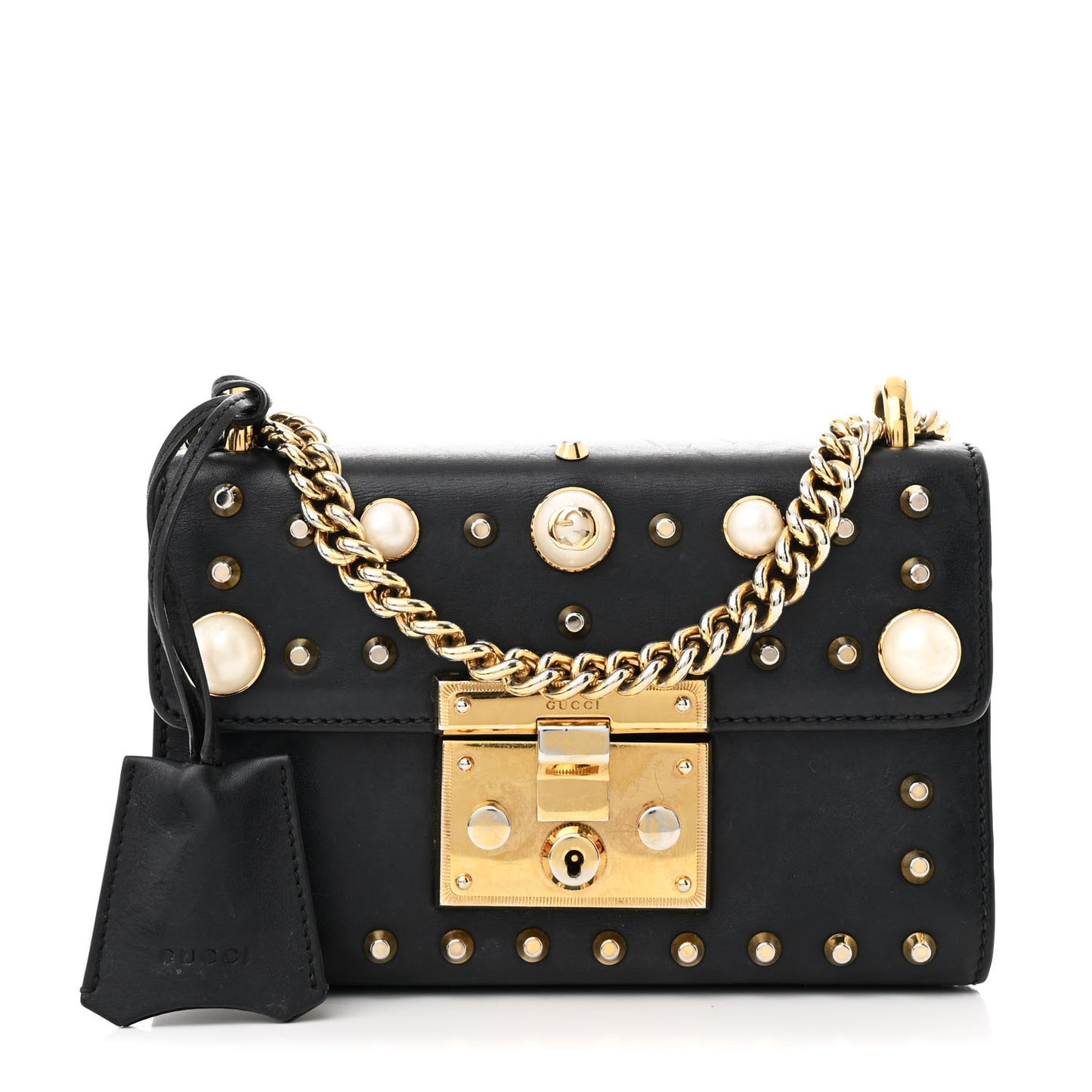 Calfskin Studded Small Padlock Shoulder Bag Black