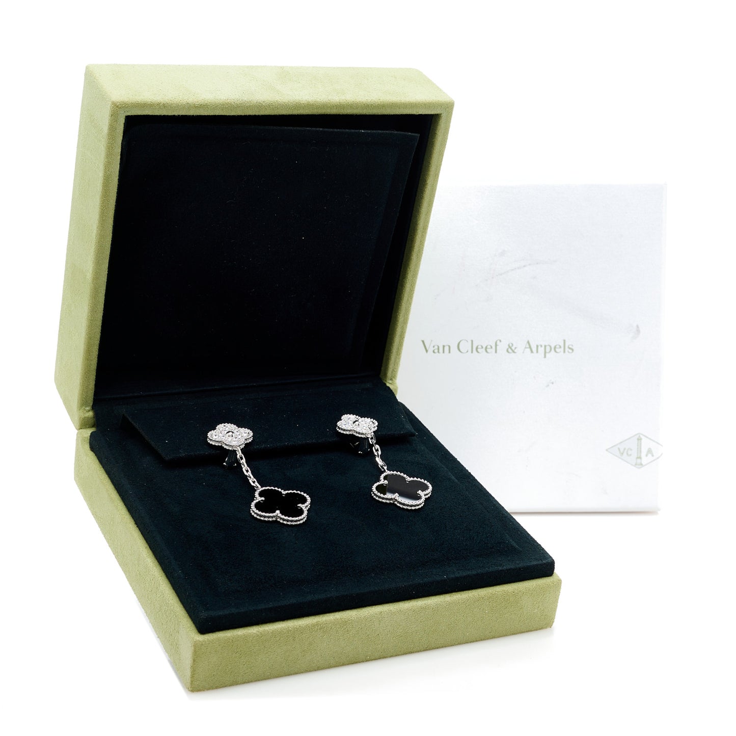 18K White Gold Diamond Black Onyx Magic Alhambra 2 Motifs Earrings