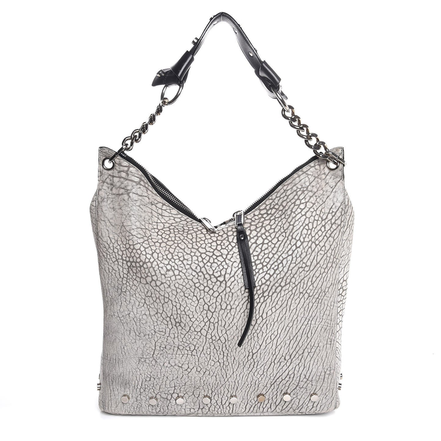 Washed Grainy Lambskin Studded Raven Hobo White Black