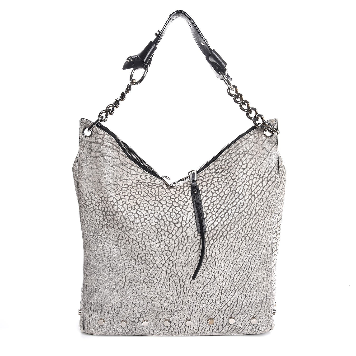 Jimmy Choo Washed Grainy Lambskin Studded Raven Hobo White Black 1 of 8